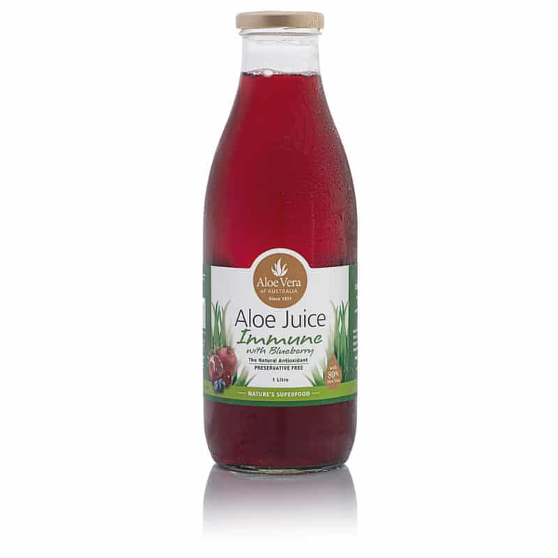 A 1-litre bottle of Aloe Vera Immune Juice with blueberry and pomegranate for immune support by Aloe Vera of Australia, enriched with natural nutrients and antioxidants
