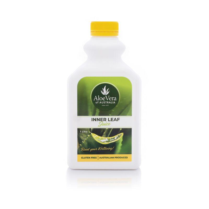Bottle of 99.9% Inner Leaf Aloe Vera Juice with green label and white cap