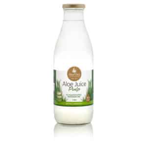 Single bottle of Aloe Vera Juice Pulp, 1 Litre, with the label showing it's Australian made, 100% pure, and preservative-free.