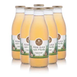 Multi-pack of Aloe Vera Juice +20 Herbs bottles, each 1 Litre, by AloeVera Australia, crafted for digestive and immune support, free from preservatives.