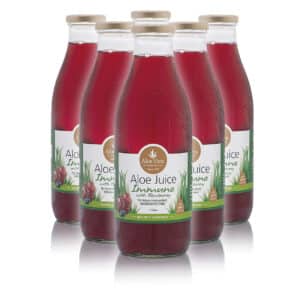 pack of six 1-litre bottles of Aloe Vera Immune Juice with blueberry and pomegranate for immune support by Aloe Vera of Australia, enriched with natural nutrients and antioxidants