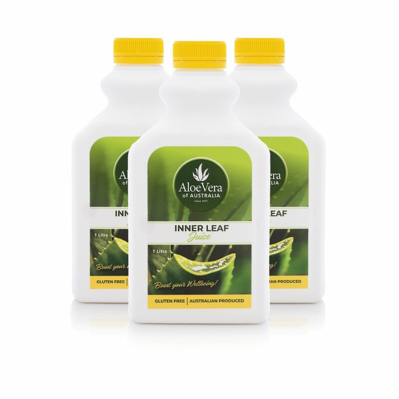 3 Bottles of 99.9% Inner Leaf Aloe Vera Juice with green label and white cap