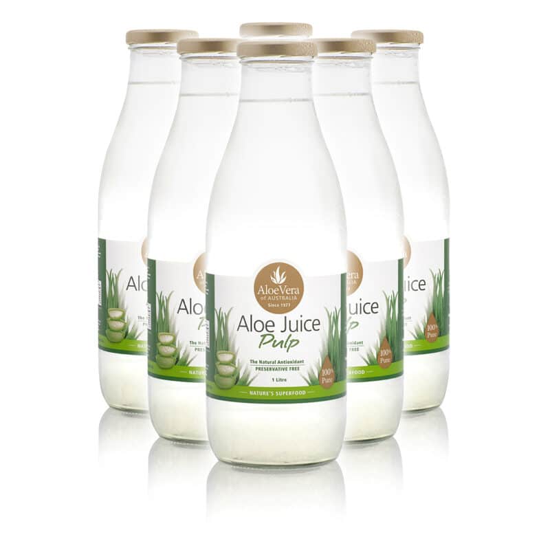 6 pack bottle of Aloe Vera Juice Pulp, 1 Litre, with the label showing it's Australian made, 100% pure, and preservative-free.